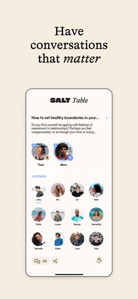 SALT Christian dating app interface showing the Table feature for group audio conversations