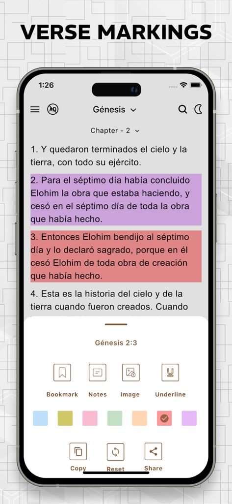 Biblia Israelita Nazarena, VIN - Biblia Israelita Nazarena app interface showing highlighted Bible verses and marking tools including bookmarks and notes.