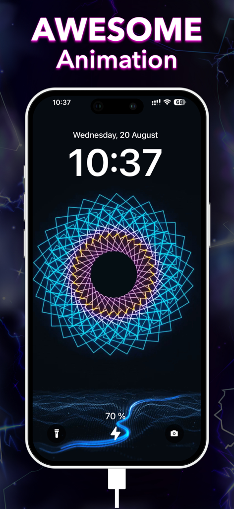 island + Charging Animations. - Uma tela de bloqueio do iPhone exibindo uma animação em espiral geométrica colorida durante o carregamento
