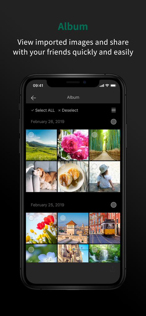 FUJIFILM Camera Remote app album screen displaying a grid of imported photos