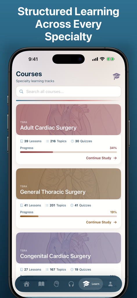 The TSRA app interface showing structured surgery learning tracks for adult cardiac and general thoracic specialties with progress indicators.