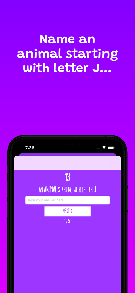 A mobile screenshot of the Categories Classic Game asking the player to name an animal starting with the letter J