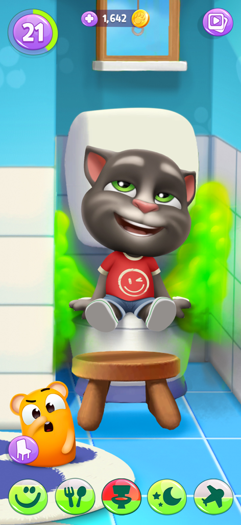 Talking Tom sitting on a toilet with green gas clouds while a small pet hamster looks disgusted