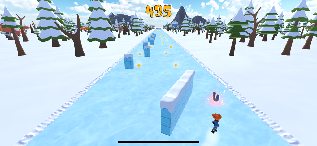 Dangleverse - A hockey player skating on a frozen river avoiding ice block obstacles and collecting coins in the Dangleverse app