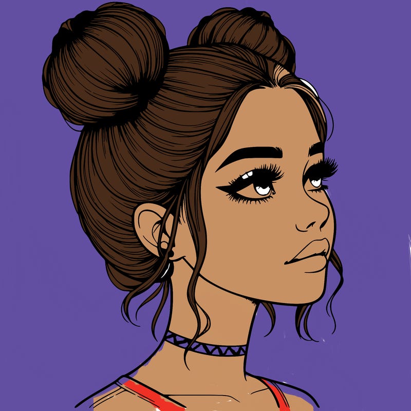 realistic girl with buns on the top of her head