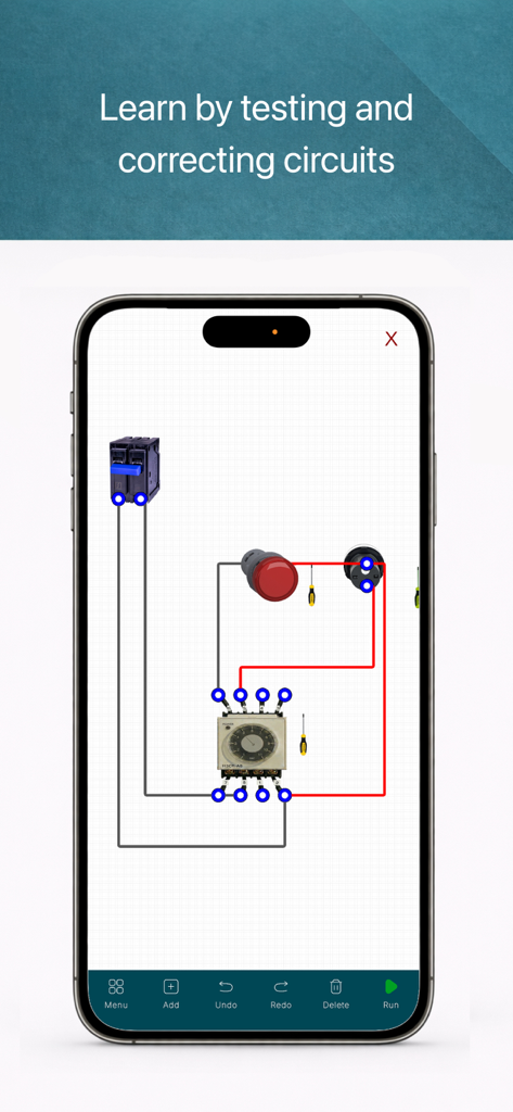 Mobile app interface of ElectroSim showing an electrical circuit simulation with breakers and components