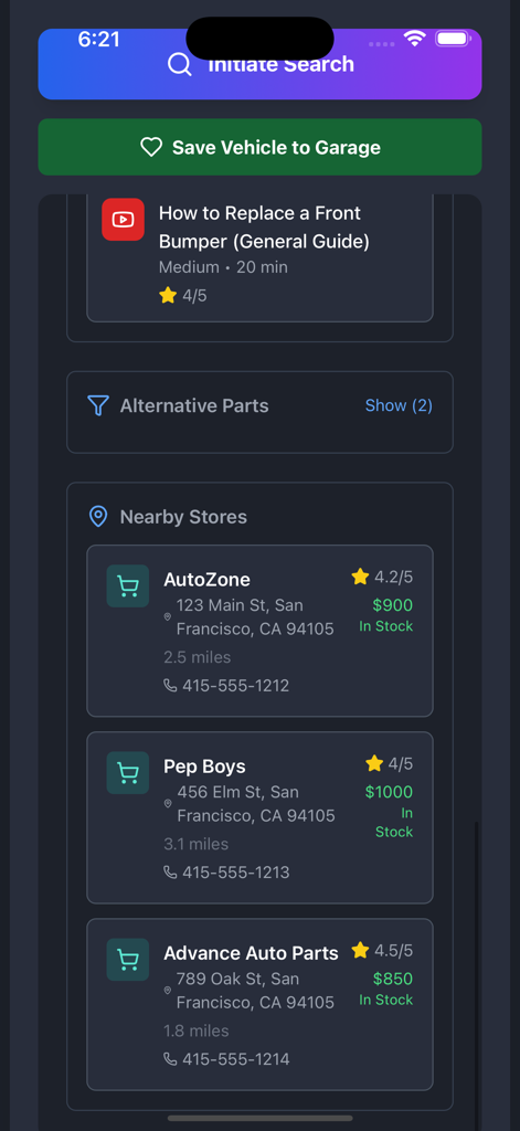 A mobile app screen showing nearby automotive part stores with prices and stock status