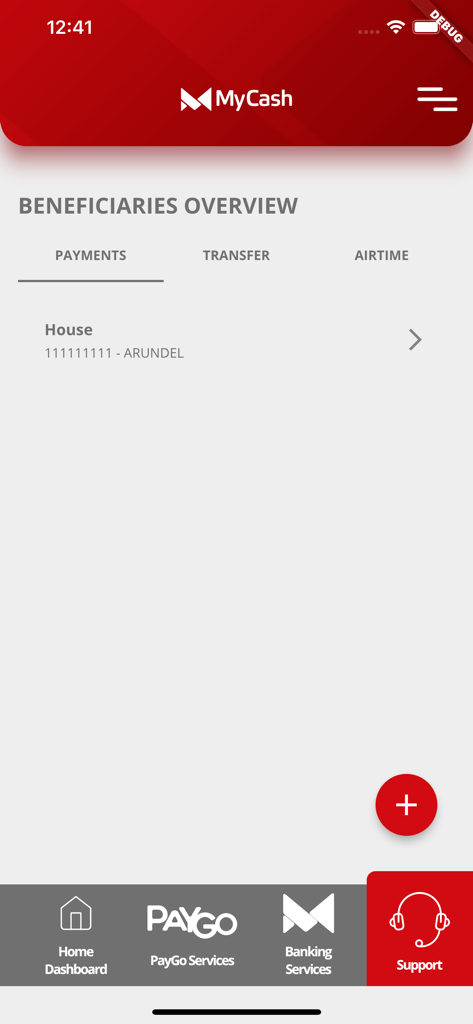 MyCash Mobile  Banking - Screenshot of the MyCash Mobile Banking app showing the Beneficiaries Overview screen with tabs for payments transfers and airtime