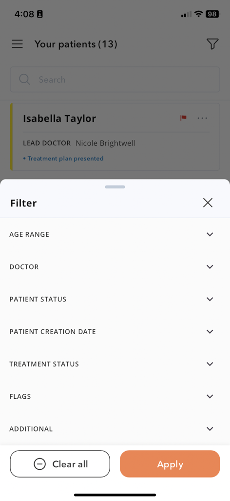 Filtermenü zur Organisation von Patientenakten in der Ai-Clinic Dental CRM App