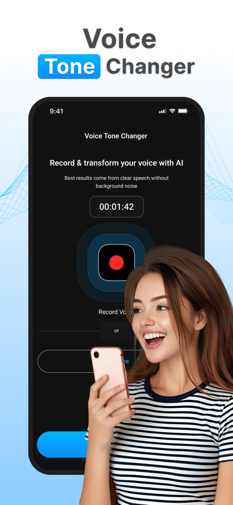 Voicechanger: clownfish voice - Smartphone screen displaying the AI voice tone changer feature with a record button and a smiling woman holding a phone