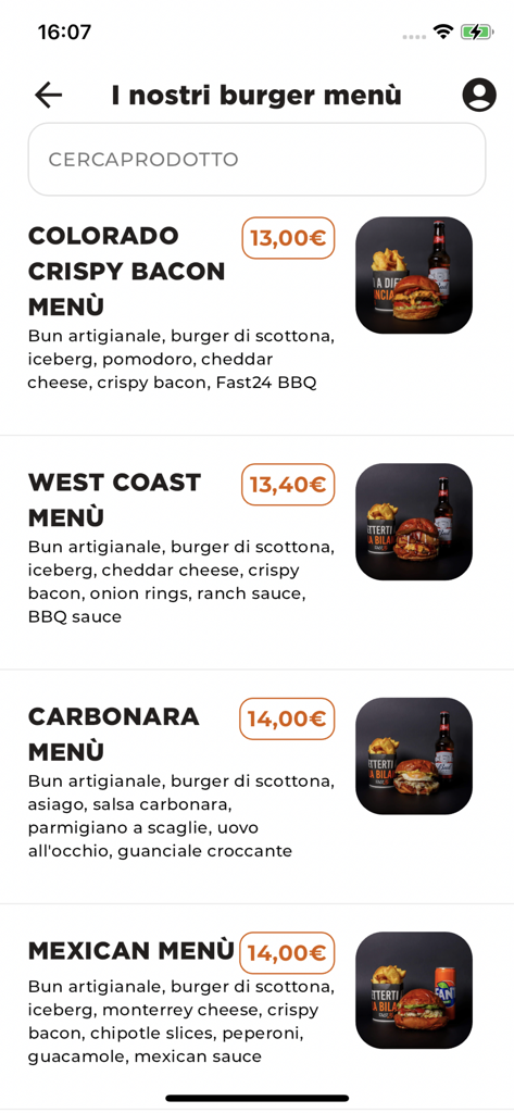 Fast24 - Fast24 mobile app screen showing a menu of gourmet burger combos including Colorado and West Coast options with prices and ingredients.