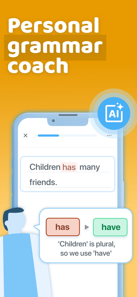 Xeropan: Learn languages - Interfaz de la aplicación Xeropan que muestra la función de entrenador de gramática personal con IA
