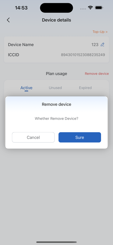 TOPSIM - A confirmation pop-up window in the TOPSIM app asking the user if they want to remove a device from their profile.