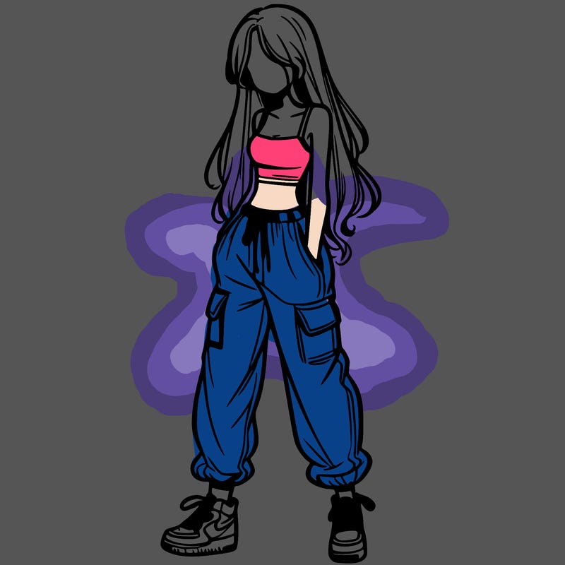 girl in baggy pants crop top and long hair