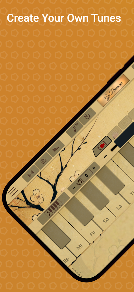 Shakuhachi Sim - Shakuhachi Sim app interface for creating custom tunes with a virtual keyboard and traditional Japanese art background