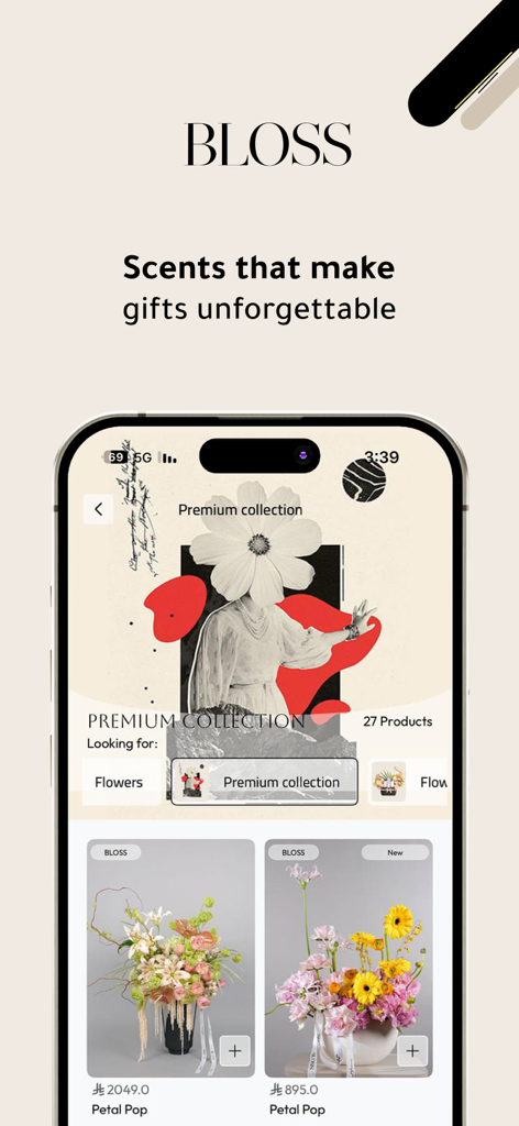 BLOSS - بلوس - Smartphone displaying the BLOSS app premium flower collection for gift delivery