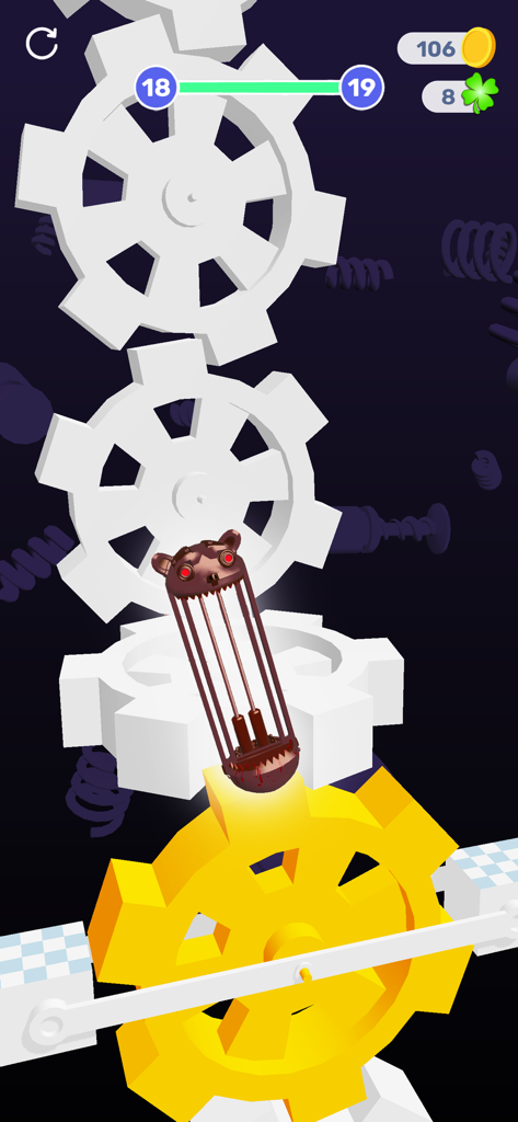 Hopping Heads: Scream & Shout - Ein schreiender Charakterkopf springt zwischen rotierenden weißen und gelben Zahnrädern