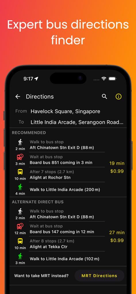 SG Bus Buddy navigation screen showing bus route directions and fares in dark mode