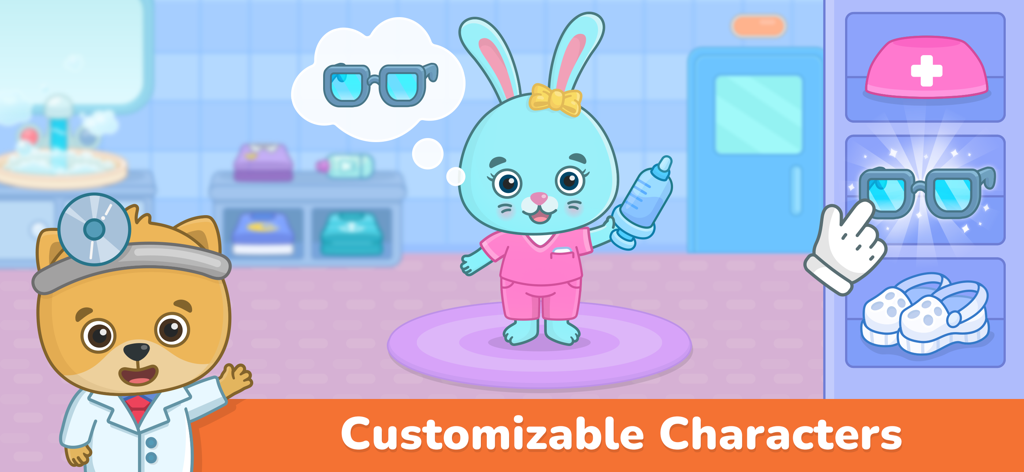 Bimi Boo kids doctor game interface showing a bunny character being customized with medical outfits and accessories
