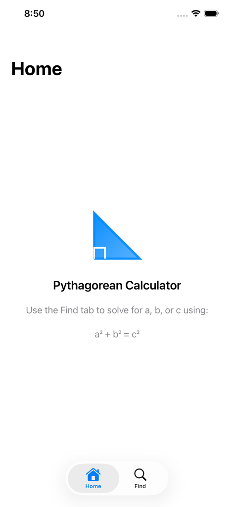 Startbildschirm der Satz des Pythagoras Rechner App mit einem blauen Dreieckssymbol und der Formel des Satzes des Pythagoras