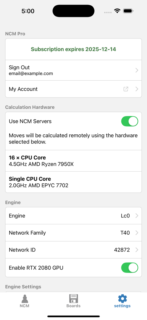 NCM Pro settings screen showing cloud hardware and engine options like Lc0 and RTX 2080 GPU