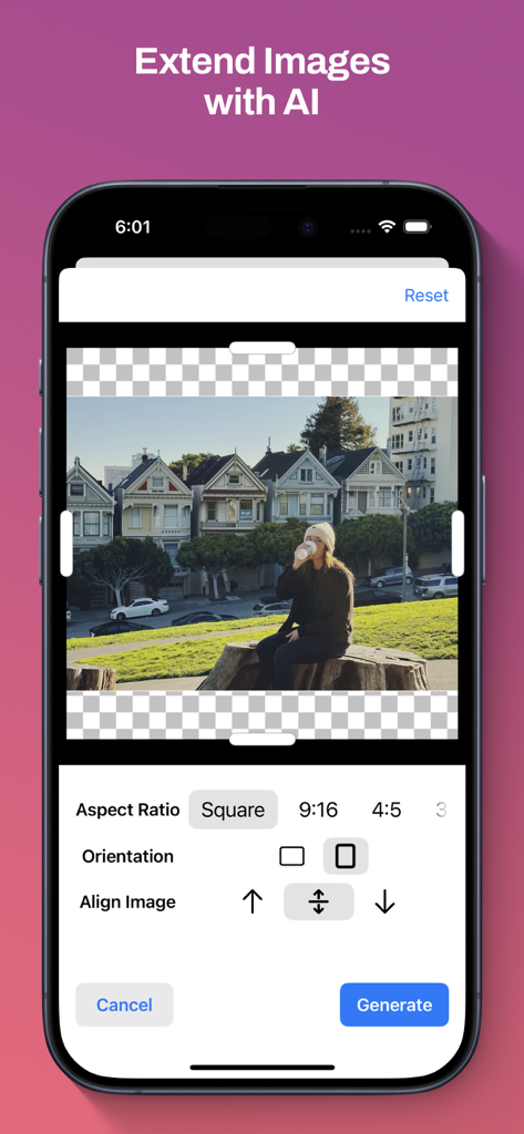 Mobile interface of ImageExtend app showing AI outpainting to extend a photo
