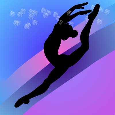 gymnast doing a leap in a leotard with a bent back leg