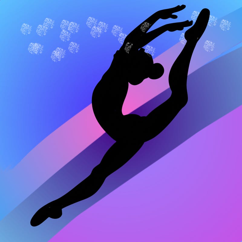 gymnast doing a leap in a leotard with a bent back leg