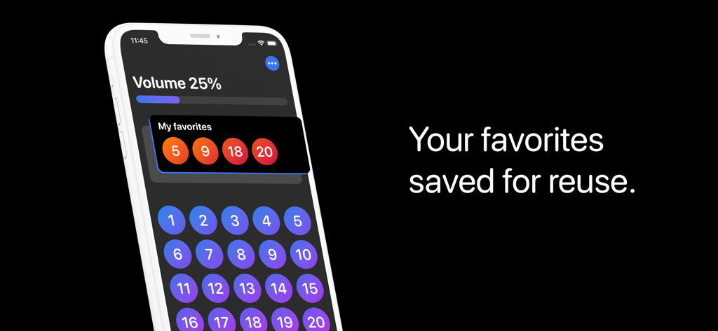 iPhone screen showing Volume Control Pro app with a list of saved volume favorites and a granular adjustment grid
