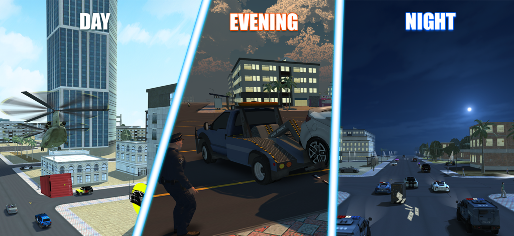 Police Simulator 2: Open World - Split screen showing day, evening, and night gameplay in the police simulator open world city