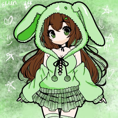 pretty anime girl wearing a fluffy hoodie with bunny ears on the hood and a skirt