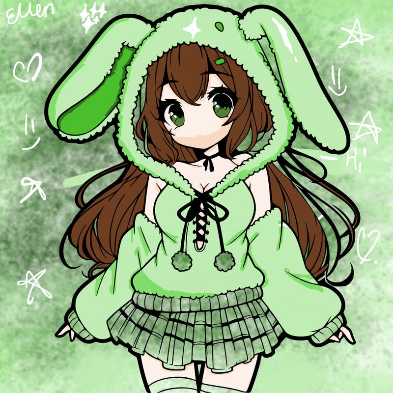 pretty anime girl wearing a fluffy hoodie with bunny ears on the hood and a skirt