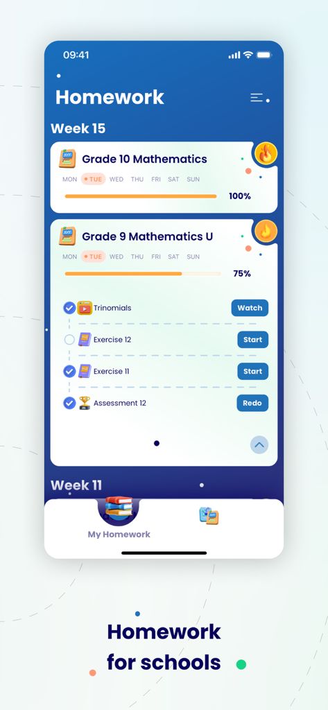 MathU Infinity app interface displaying student homework assignments and progress for high school mathematics