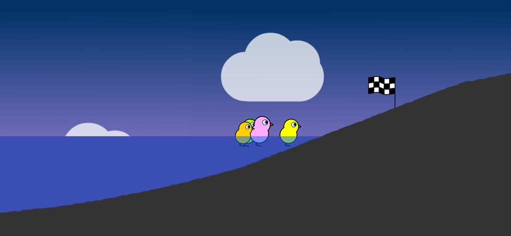 Duck Life 1 - Small colorful ducks racing up a hill toward a checkered flag.