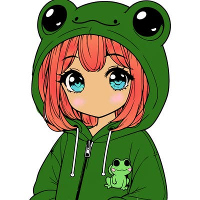 cute realistic girl in a froggy hoodie