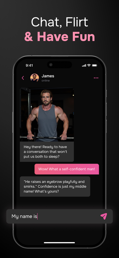 A chat interface of the FriendX app showing a flirtatious conversation with a virtual AI boyfriend named James