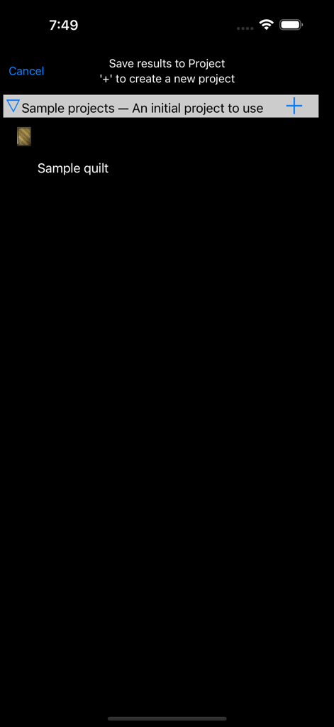 Tela de gerenciamento de projetos do aplicativo Color Hints para salvar resultados