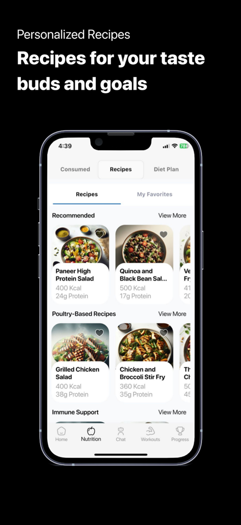 Reshape – Fat Loss & Fitness - Reshape app interface showing a personalized recipes screen with high protein meal suggestions and calorie information
