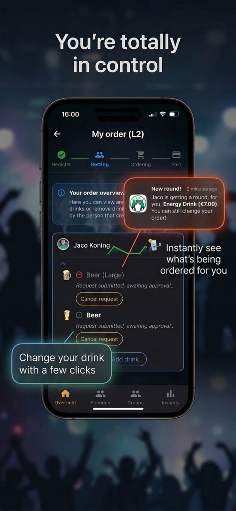 DrinkSync! - Interfaz de la aplicación DrinkSync que muestra una notificación en tiempo real para una nueva ronda de bebidas y detalles del pedido.