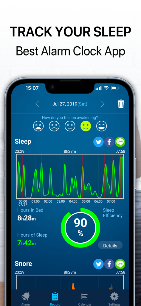 JUKUSUI-Sleep Cycle Alarm - Interfaz de la aplicación JUKUSUI que muestra un gráfico de ciclo de sueño y métricas de eficiencia del sueño en un iPhone