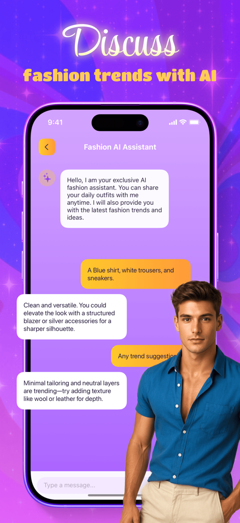 A screenshot of the Rini app Fashion AI Assistant providing style advice and trend suggestions in a chat interface