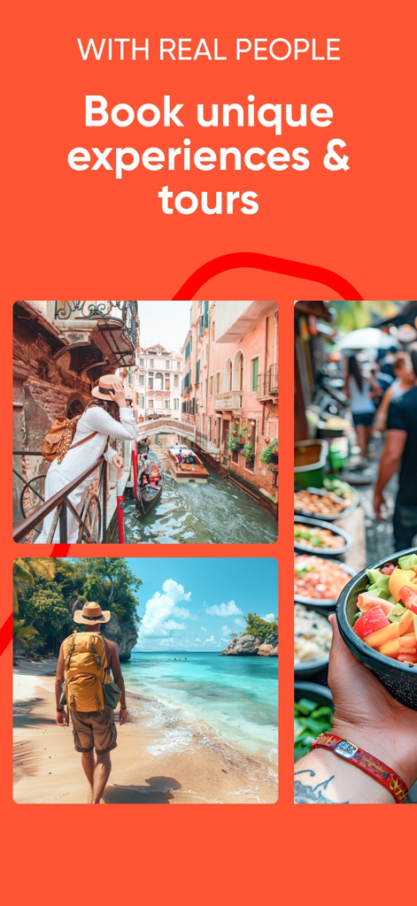 Promotional screen for the ALLMYNE app showing travel photography and text for booking unique experiences and tours with real people