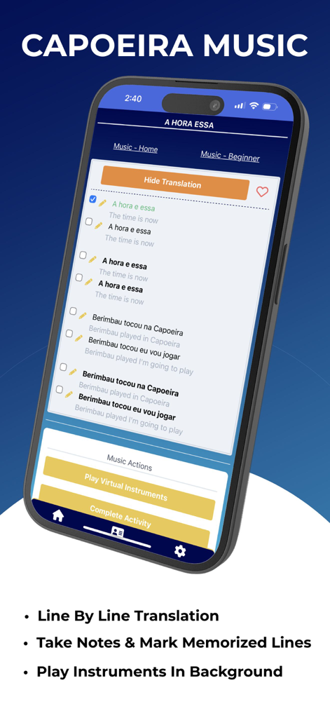 Capoeira Journal - Capoeira Journal app screen showing Portuguese song lyrics with English translations and memorization checkboxes