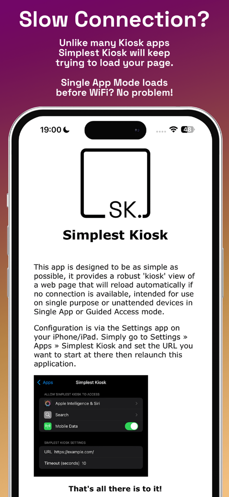 iPhone screen displaying Simplest Kiosk app details and how to configure the kiosk URL and timeout via iOS Settings.