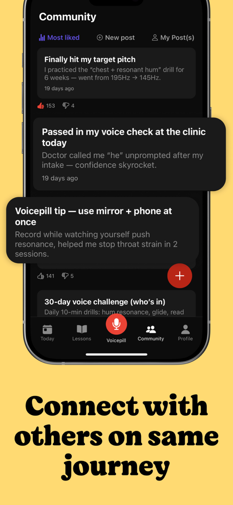 Voicepill: Voice Training - The community forum interface of the Voicepill app displaying user posts and voice training milestones.