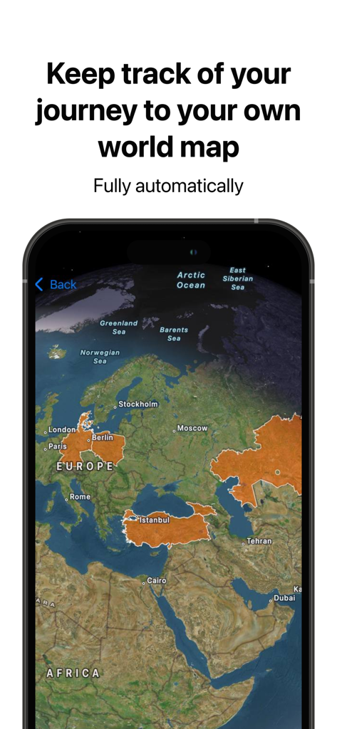 Country Tracker Pro - Interface do aplicativo Country Tracker Pro mostrando um mapa mundial com países rastreados automaticamente destacados