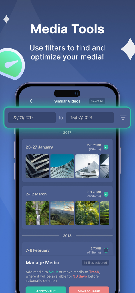 Interfaz de la aplicación Super Smart Cleaner mostrando herramientas de medios con filtros de fecha para encontrar y optimizar videos similares