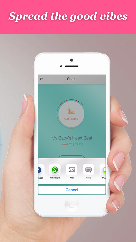 A hand holding a smartphone showing the sharing options for a baby heartbeat recording on the my pregnancy beats app.