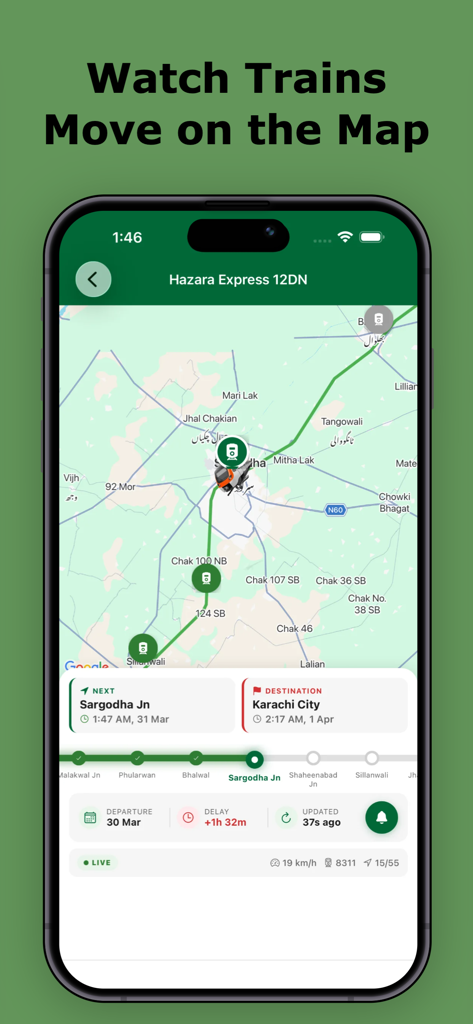 Track Train Live - Pakistan - Real time GPS tracking of Hazara Express on a map showing current location and delay status
