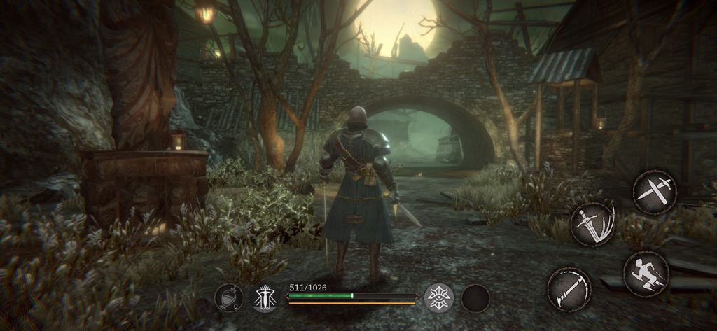 Pascal's Wager - 『Pascal's Wager』のゲームプレイ画面。メインキャラクターのテレンスが、モバイルタッチコントロールを備えた暗い雰囲気の風景の中にいる